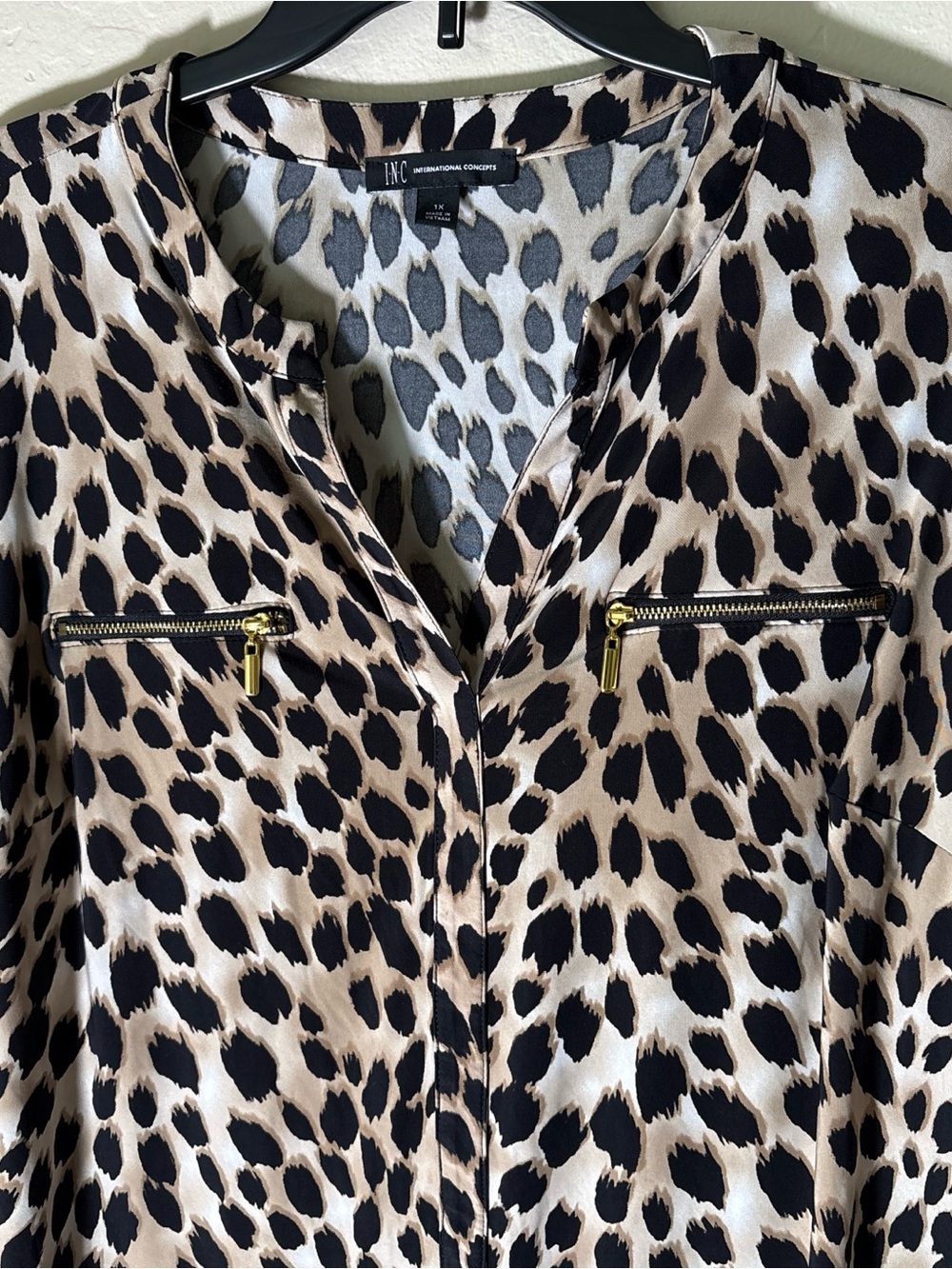 INC International Concepts Leopard Print Zip-Pocket Blouse - Beige & Black